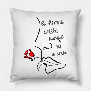 Phrase in Spanish: Karma exists N.2. Abstract and linear face of a woman in black biting a red rose. Pillow