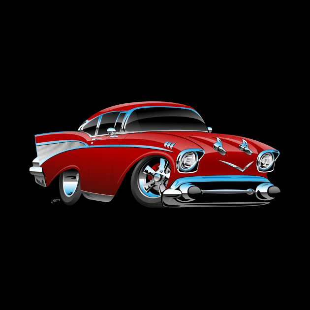Classic hot rod 57 muscle car, low profile, big tires and rims, candy apple red cartoon by hobrath