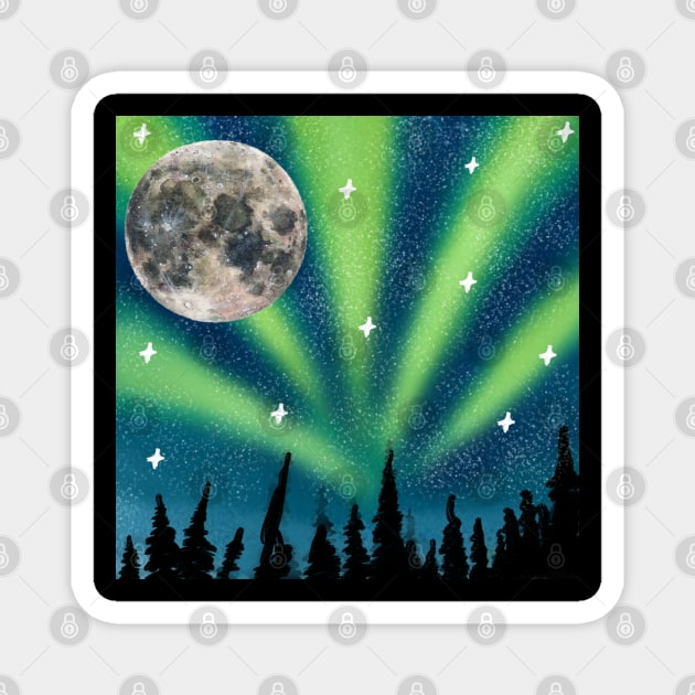 The Moon at Night - Northern lights Magnet by Art by Ergate