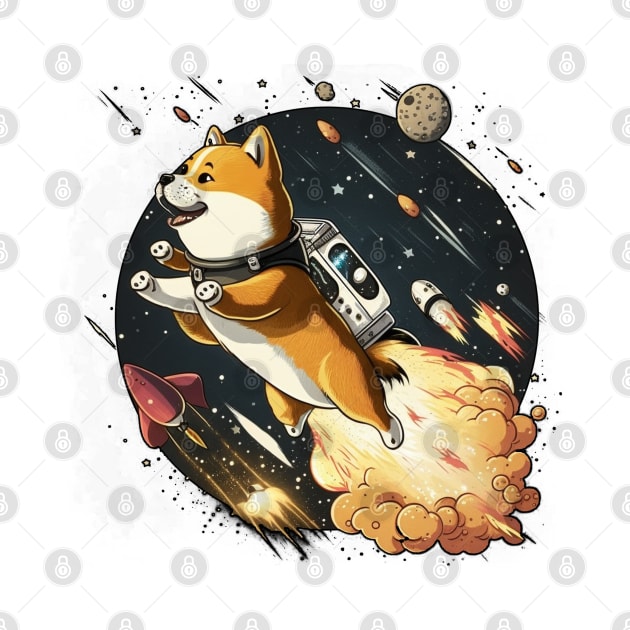 shiba inu flying into space with a rocket by bmron