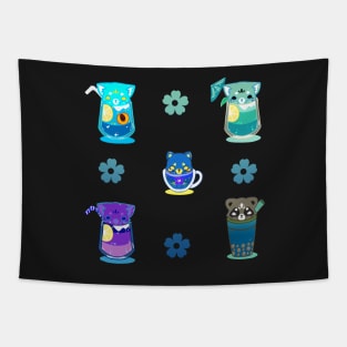 Cat boba tea cute kawaii drinks blue and turquoise Tapestry