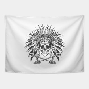 Skull in Indian War Bonnet and Arrows Tattoo Tapestry