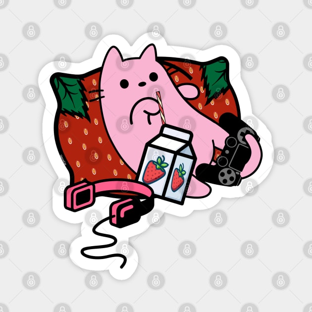 Strawberry milk pink cat gamer relaxing Magnet by GlanceCat