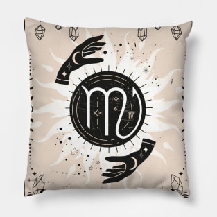 Scorpio zodiac symbol card with fortune teller mystic hands. Pillow