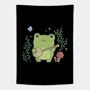 Frog Playing Banjo and Edgy Mushroom: A Kawaii Cottagecore Adventure Tapestry