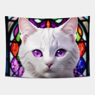 Sad White Cat with Purple Eyes in Front of Stained Glass Tapestry