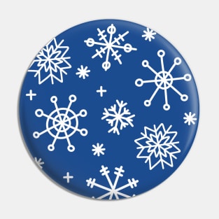 White Doodle Snowflake Pattern on Dark Blue Background, made by EndlessEmporium Pin
