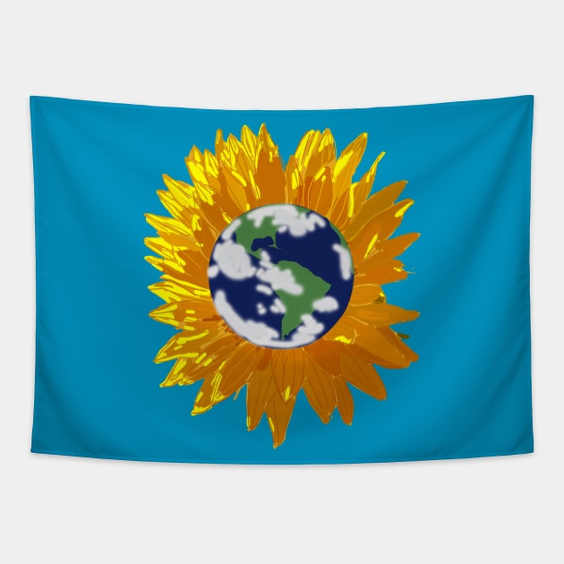 Sunflower with Green and Blue Planet Earth Center Tapestry by ellenhenryart