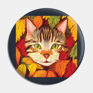 Tabby Kitten in Fall Leaves Pin