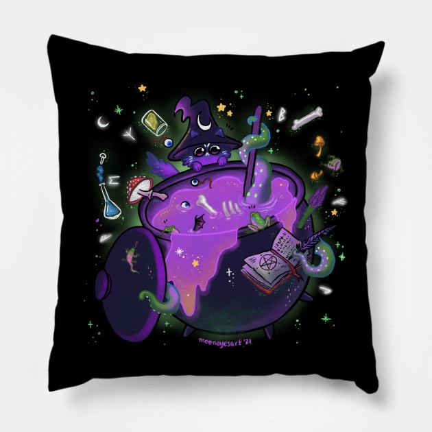 Spooky Cauldron Cat Pillow by mooneyesart