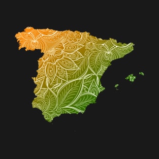 Colorful mandala art map of Spain with text in green and orange T-Shirt