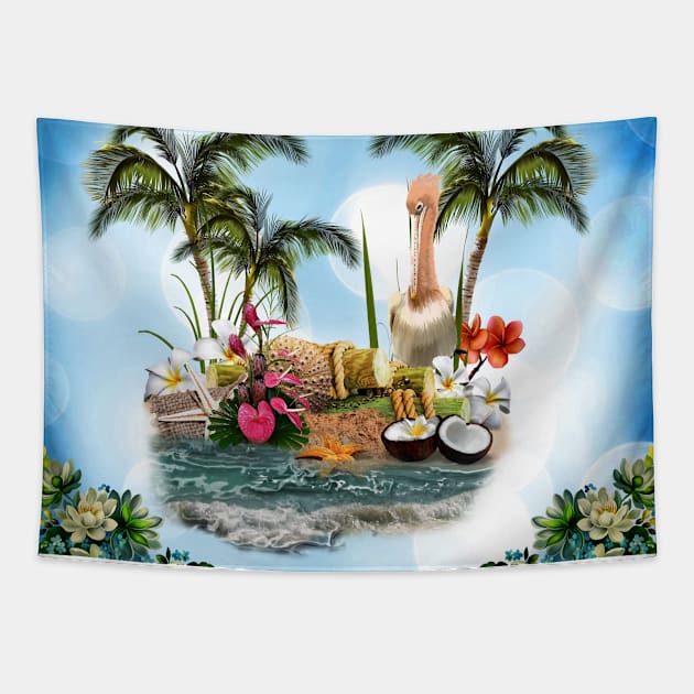 Wonderful pelican with flowers, tropical design Tapestry by Nicky2342