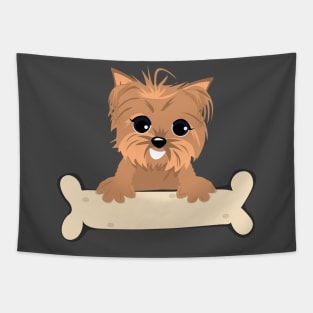 Blonde yorkie with a bone Tapestry