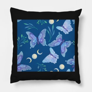 Blue Butterflies and Moon Phases on Blue Pillow