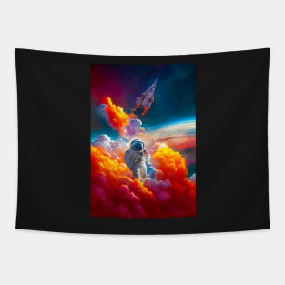 Astronaut flying through clouds and shuttle in the background Tapestry