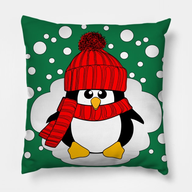 Christmas Boy Penguin with Red Hat and Scarf Pillow by Krimbles