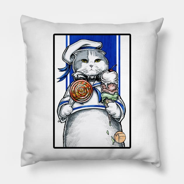 Sailor Cat With Ice Cream - Black Outlined Version Pillow by Nat Ewert Art