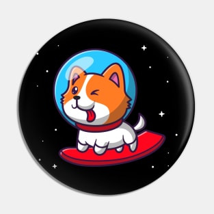 Cute astronaut Dog Surfing in Space Cartoon Pin