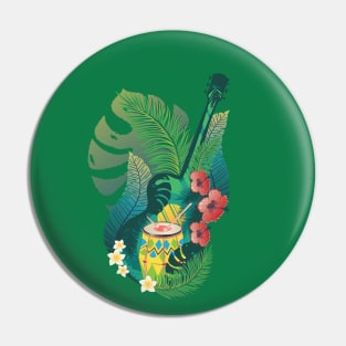 Retro guitar with drum and tropical leaves Pin