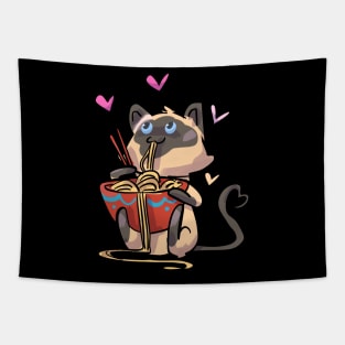 Siamese Cat Eating Noodles Tapestry