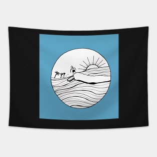 Female Surfer Riding the Wave with a blue background Tapestry