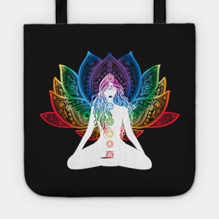 Rainbow Lotus Flower With Chakras Aligned Meditating Bohemian Girl Tote