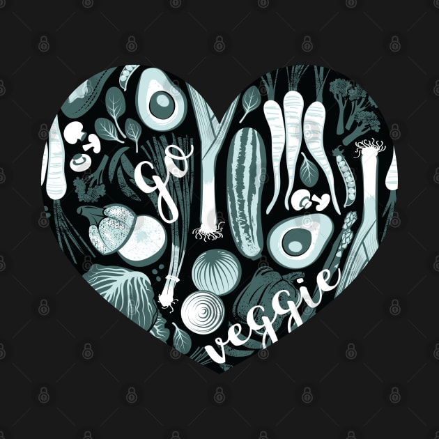 Go veggie // heart print // black background pine and mint vegetables by SelmaCardoso