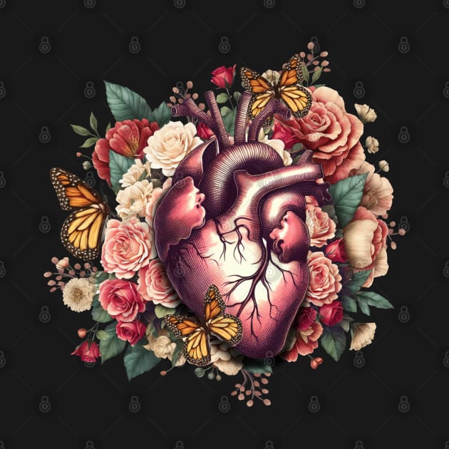 Anantomy Heart watercolor, floral human heart illustration art, flowers, roses, butterflies and floral anatomy art by Collagedream