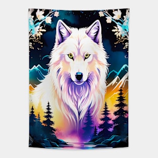 A White Wolf with Mountains, Floral Elements, Forests, Trees Tapestry