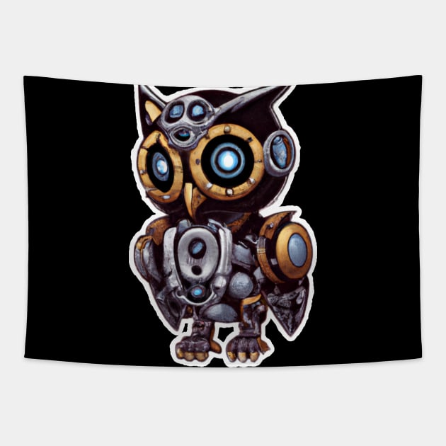 steampunk owl, cyberpunk owl, owl with armor, robo owl Tapestry by maxdax