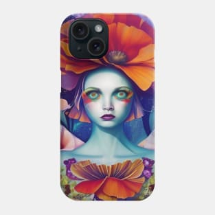 Pop surrealism painting of a pretty girl with poppy and rose girl Phone Case