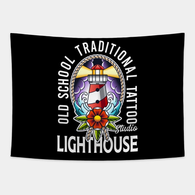 old school traditional tattoo light house Tapestry by KANDIM'S Studio