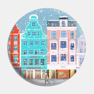 Winter City with Colorful Vintage Houses in the snow Pin