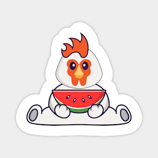 Cute chicken eating watermelon. Magnet