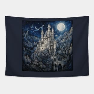 Magical Fairytale Castle Beneath Moonlit Sky Tapestry