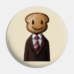 Suit Wearing Breadman with a smiley face Pin