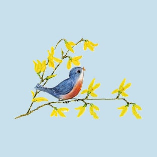 Little Bird on Branch Yellow Flowers T-Shirt