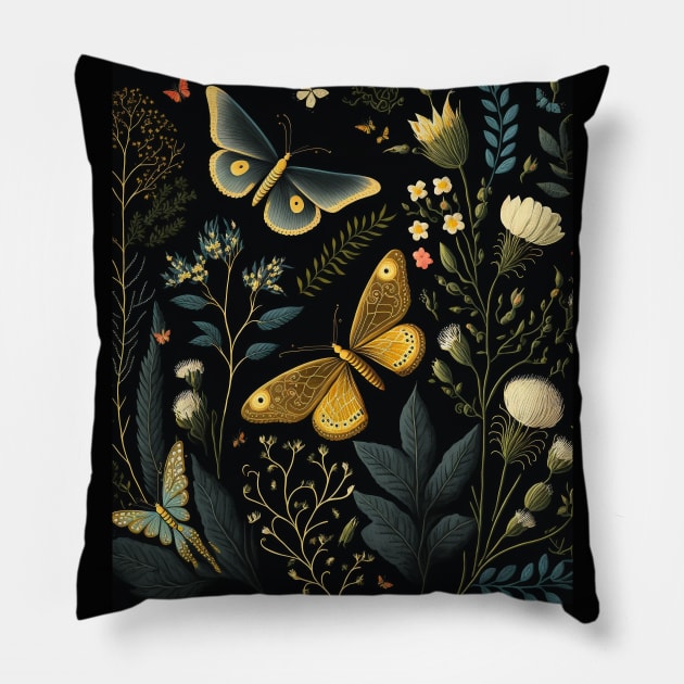 Dark Cottagecore Moth + Butterfly Forest Scene Pillow by TheJadeCat