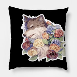 Lone Wolf With Flowers Pillow