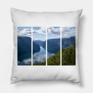 Wonderful landscapes in Norway. Vestland. Beautiful scenery of Aurland fjord from the Stegastein view point facing to the village of Aurland. Sunny day Pillow