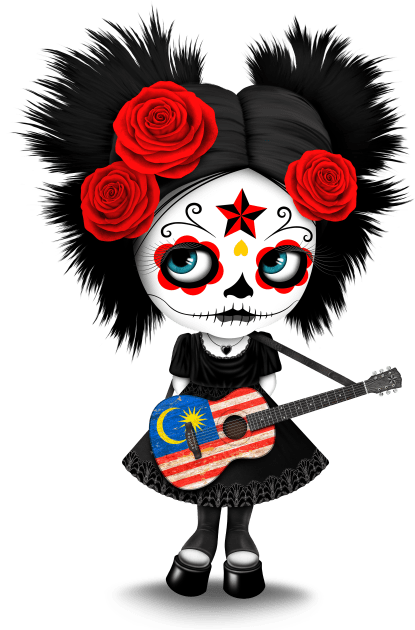 Sugar Skull Girl Playing Malaysian Flag Guitar Kids T-Shirt by jeffbartels