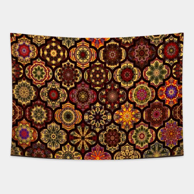 Moroccan tile golden pattern Tapestry by redwitchart