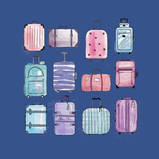 Watercolor luggages | baggages | bags. Hand drawn with ink and watercolos by RenattaZare