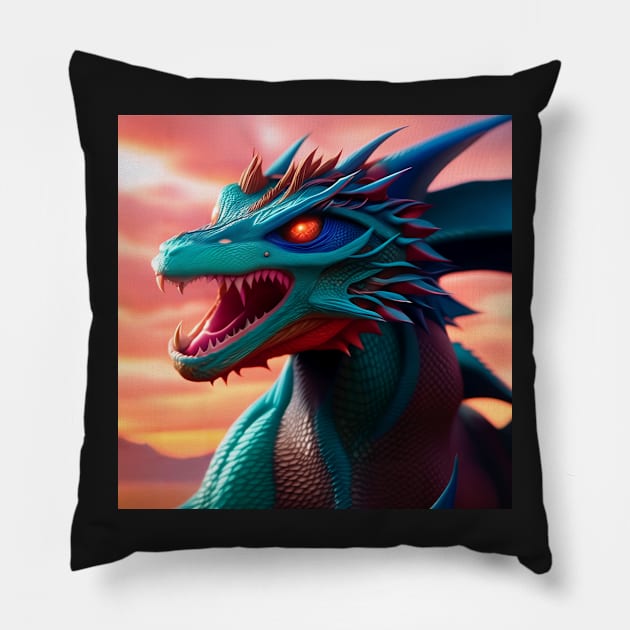 Fierce Blue and Cyan Dragon with Red Eyes Pillow by dragynrain