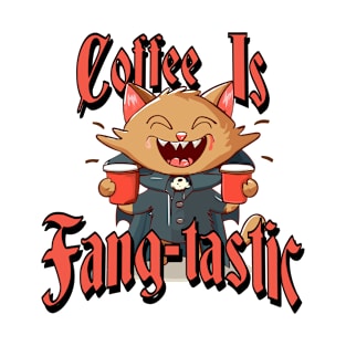 Coffee Is Fang-Tastic | Vampire Cat Holding Cups T-Shirt