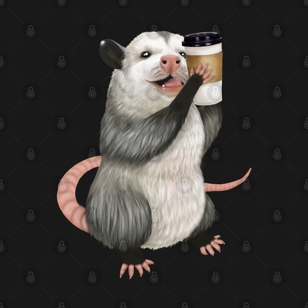 Opossum drinking a cup of coffee by Mehu Art