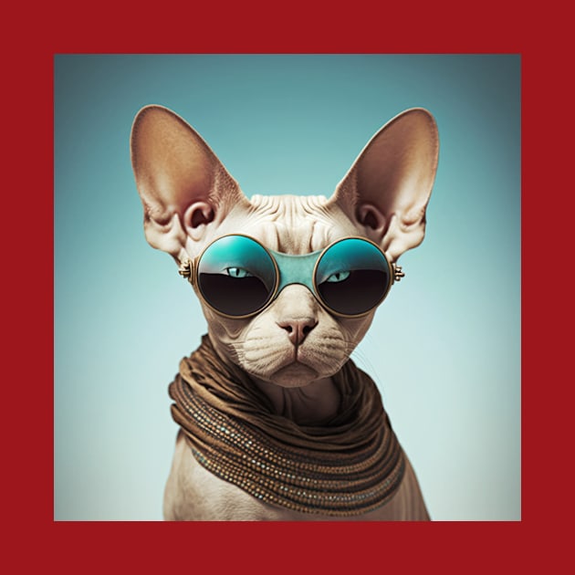 Concentrated sphinx cat with glasses looks at the camera on a blue background by KOTYA