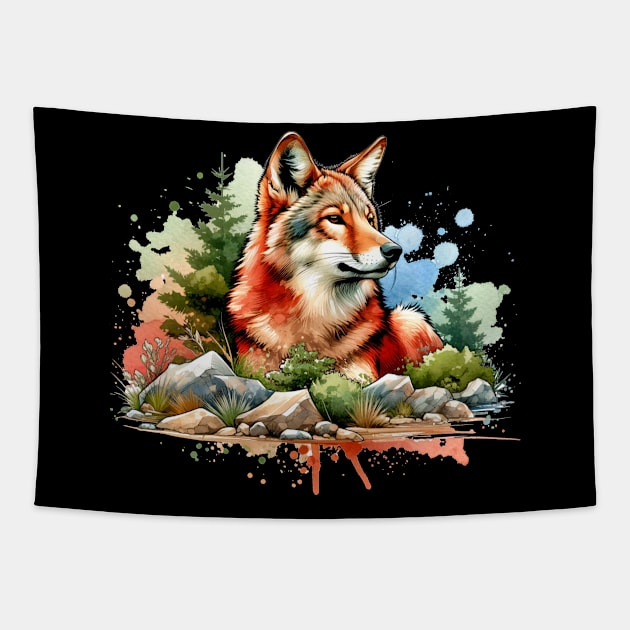 Red Wolf Digital Watercolor Tapestry by Maries Papier Bleu