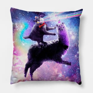 Laser Eyes Outer Space Cat Riding On Llama Unicorn Pillow