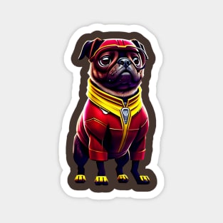 Cute Pug in Red Iron Suit - Adorable Dog in Custom Metal Costume Magnet